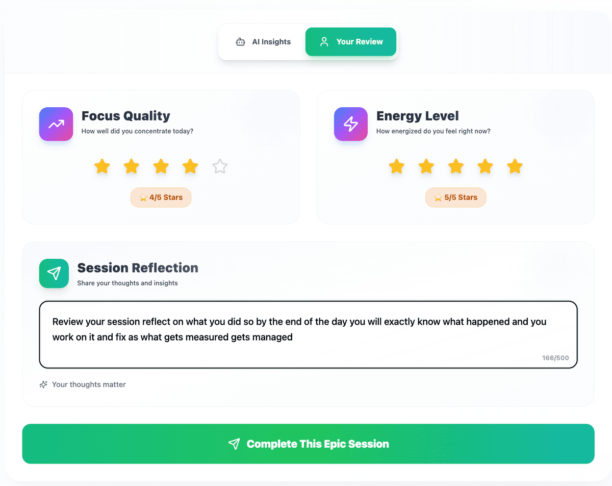 Focus Quality Tracker showing session ratings and focus analytics